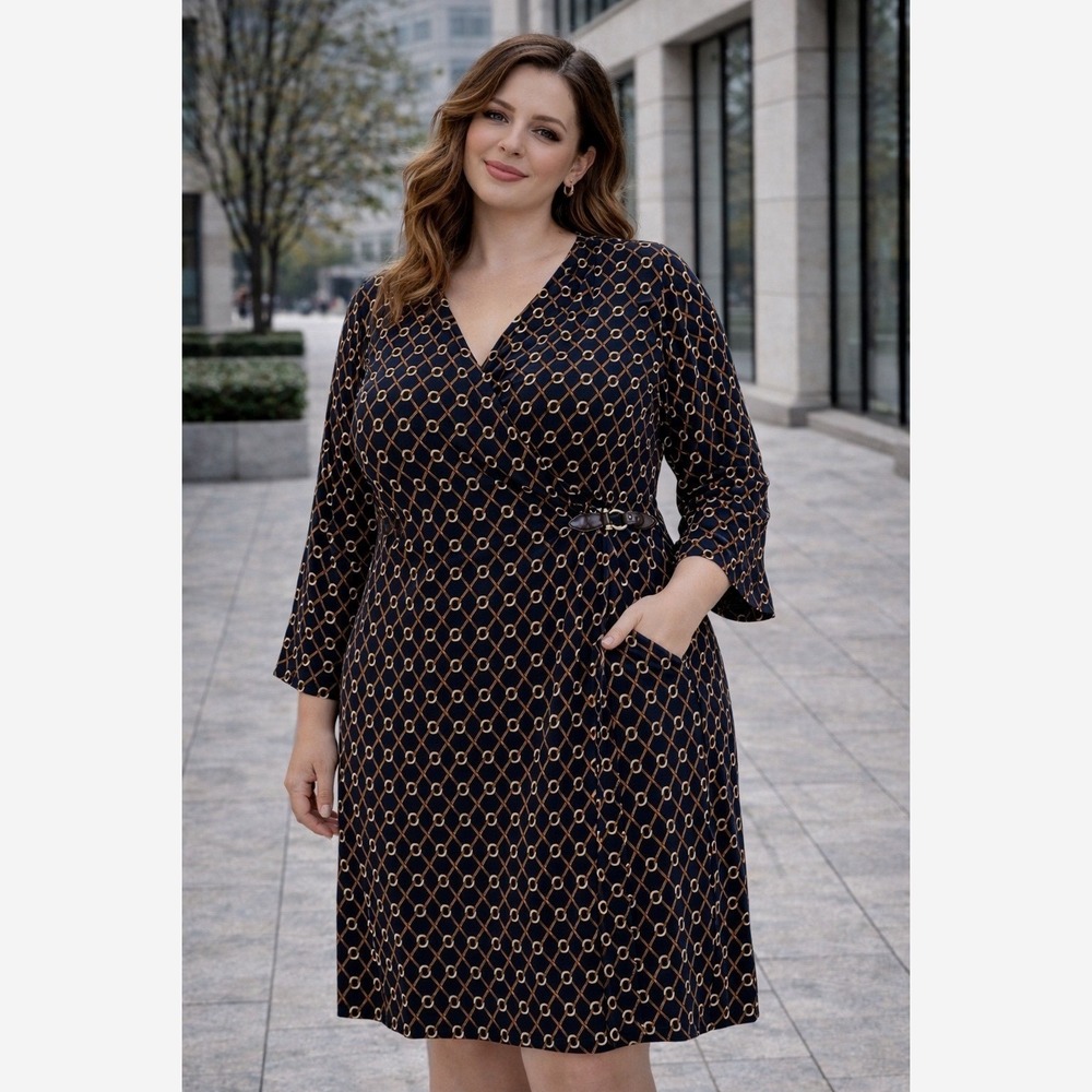 Charter Club Womans Dress Plus 3X Navy Gold Geometric Faux Wrap Classic Office